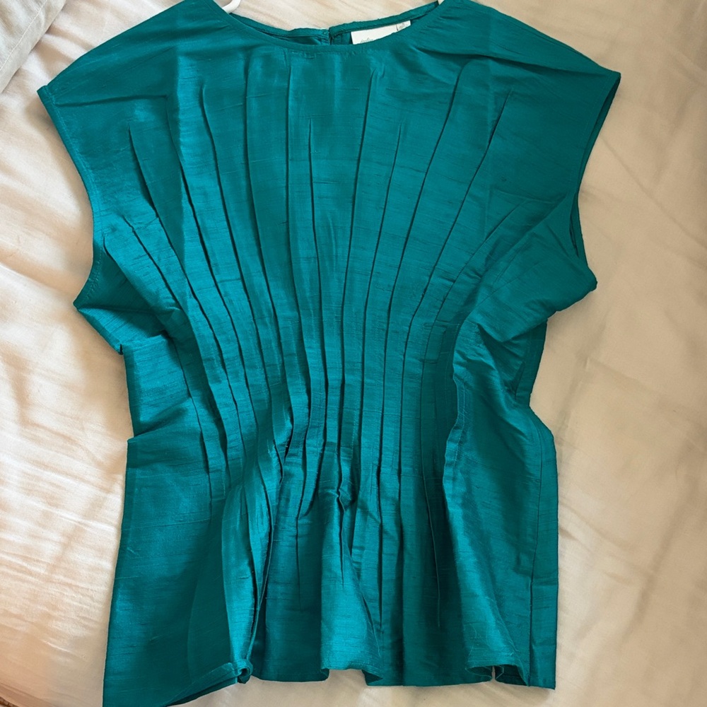 Pleated Cap-Sleeve Blouse in Teal